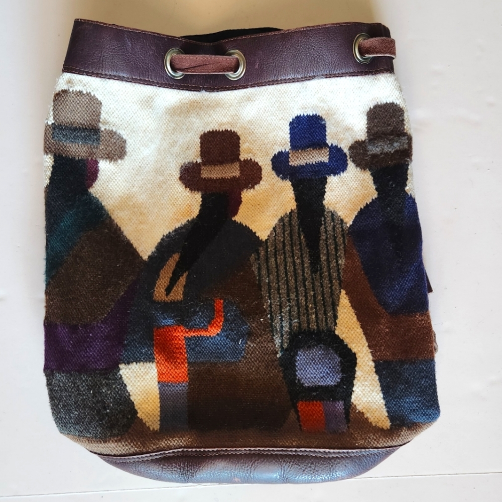 Authentic Handmade Ecuadorian Cowboy Hobo Backpack Woven Wool and Leather